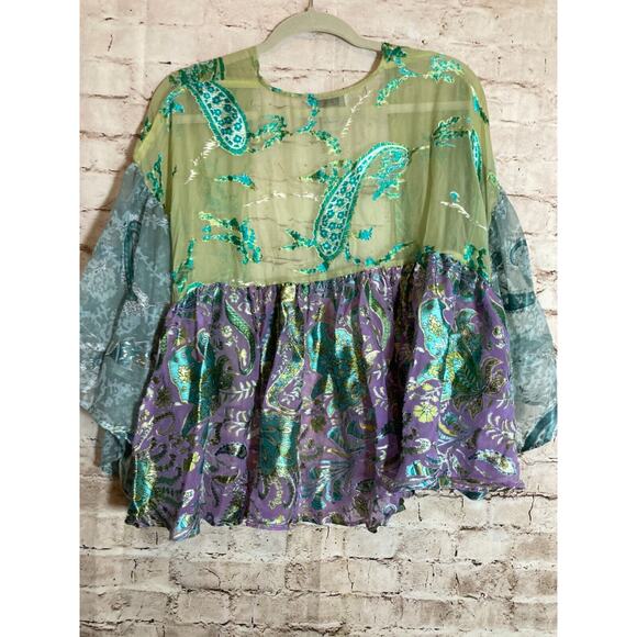 Ania. A Silk Kimono Top Womens XL Velvet Burnout Pastel Paisley Open Front Artsy - Picture 13 of 15